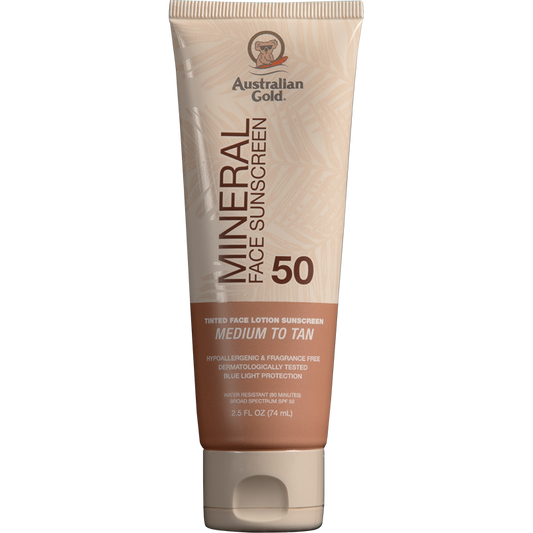 AUSTRALIAN GOLD MINERAL SPF 50 TINTED FACE MEDIUM TO TAN LOTION 2.5 FL. OZ - 74 ML